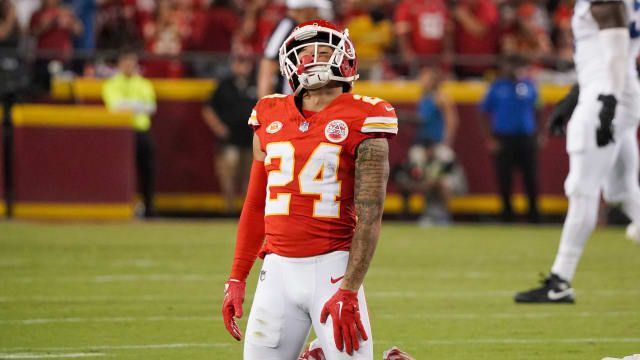 Sep 7, 2023; Kansas City, Missouri, USA; Kansas City Chiefs wide receiver Skyy Moore (24) reacts after dropping a pass against the Detroit Lions during the second half at GEHA Field at Arrowhead Stadium. Mandatory Credit: Denny Medley-USA TODAY Sports  